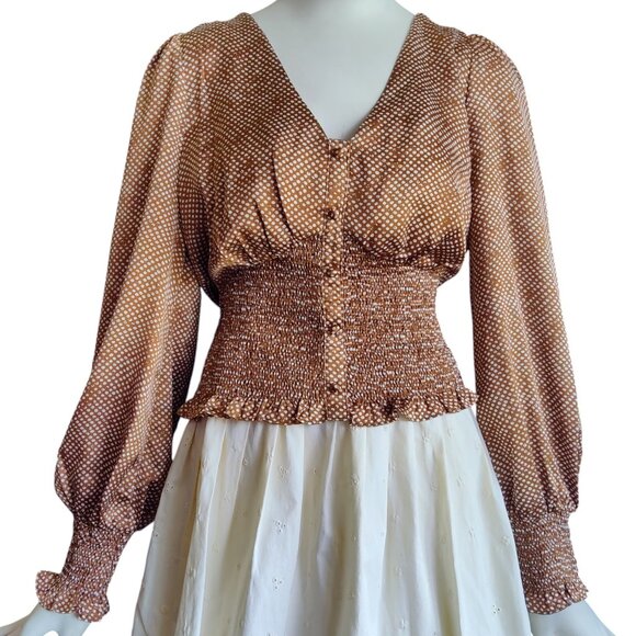LUCY Paris Nadia Carmel Brown Cream Polka Dot Smocked Waist Wrist Top Sz M NWT - Picture 1 of 11